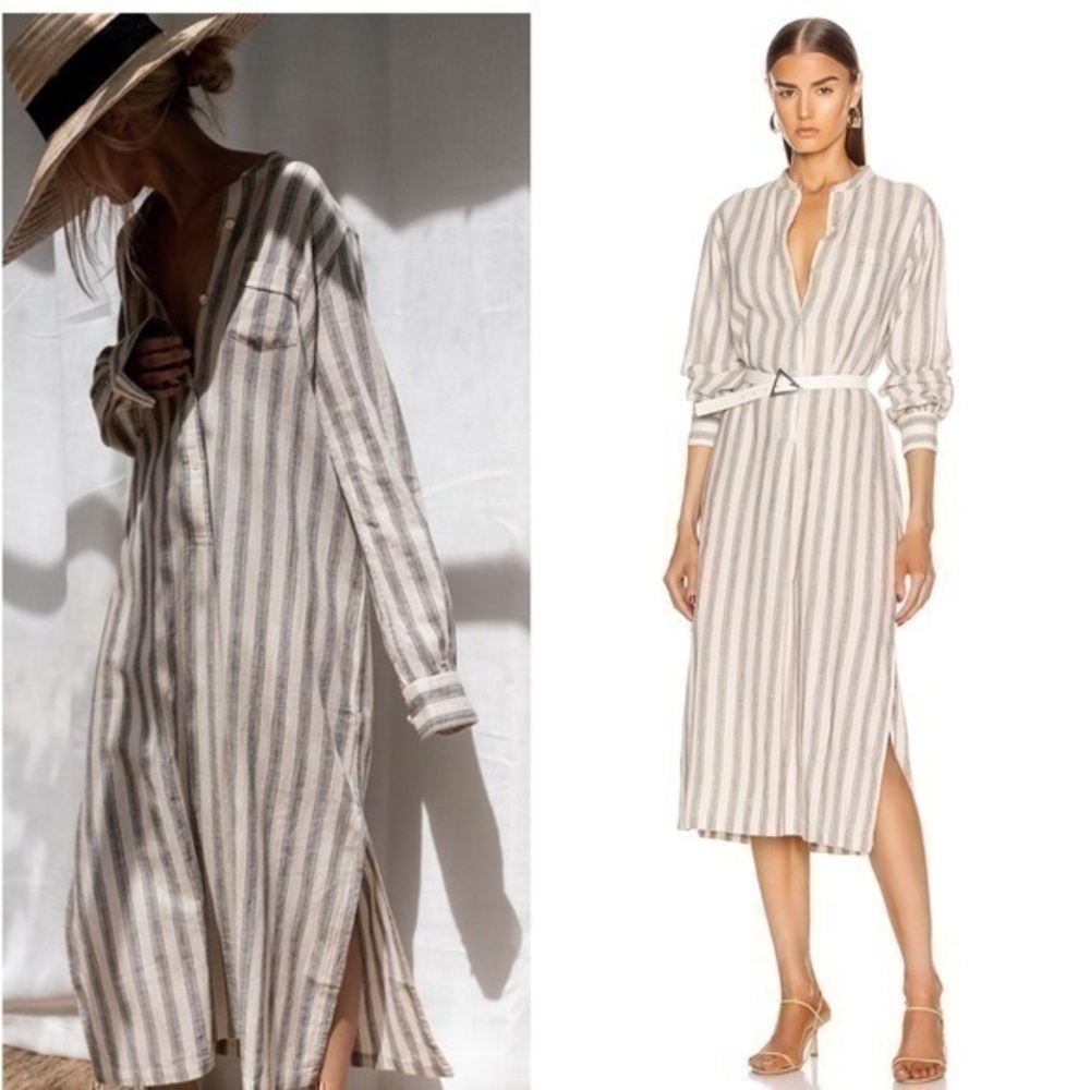 Nili Lotan Malia Stripe Linen Blend Midi Shirt Long Sleeve Casual Dress NWT XS